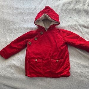 Hanna Andersson Red Cordoroy Sherpa lined coat with adorable gnome hood 3T/90